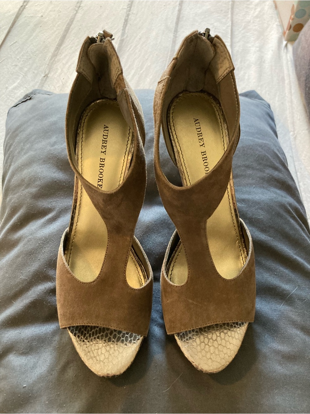 Audrey Brooke Tan Suede Cutout Peep-Toe Heels